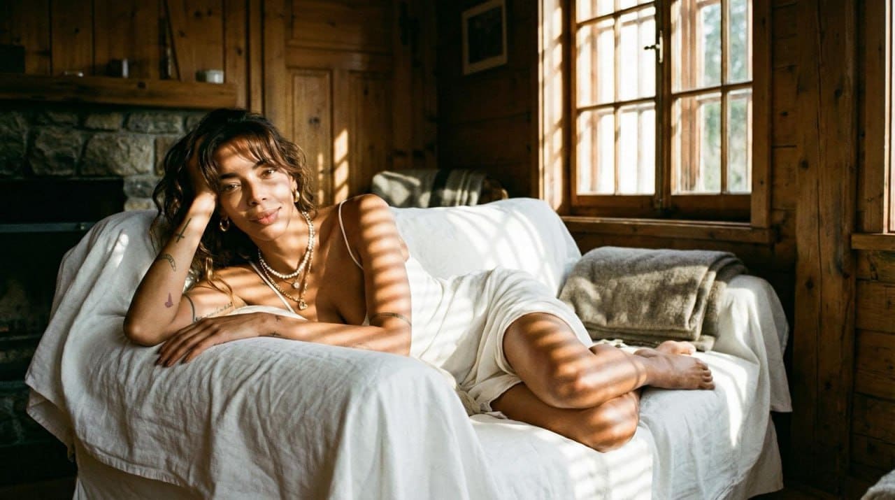 Reclining on a white sofa in a rustic room, she wears a short white slip dress and necklaces, with bare legs visible.
